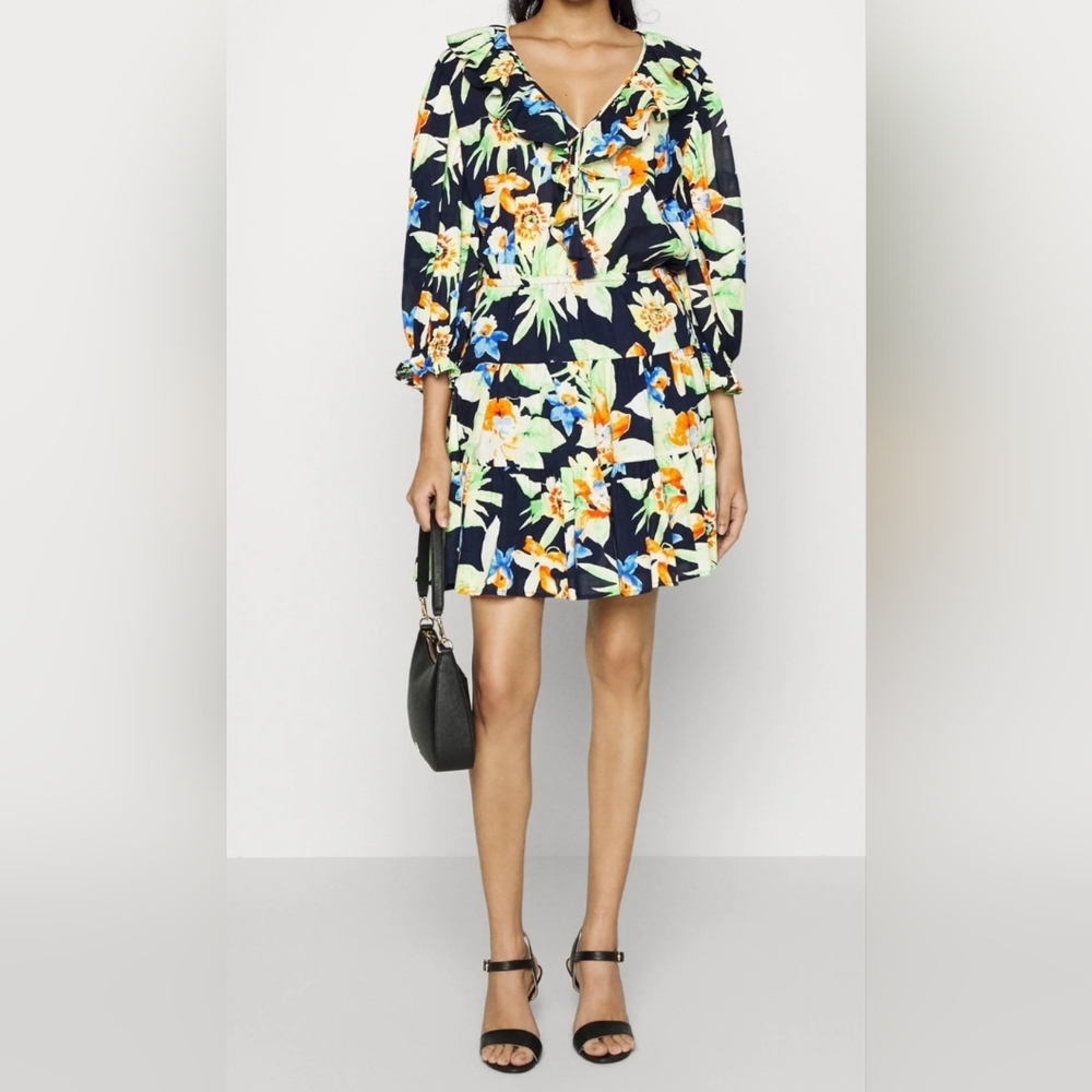 Ralph Lauren Womens Tropical Floral Cotton Voile Dress Size 12 Petite Tiered